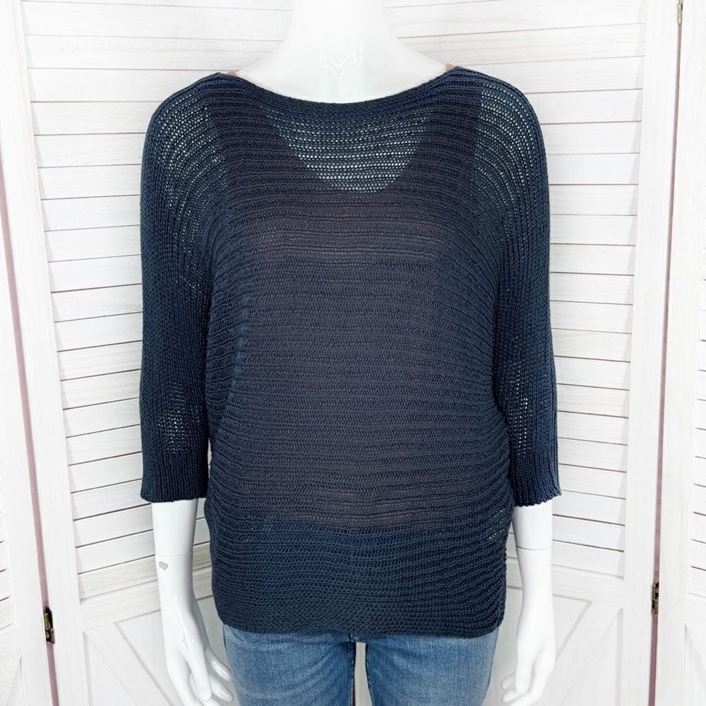 Luisa Ricci Open Weave Boat Neck‎ Sweater Blue Small Dolman Sleeve Mesh Net
